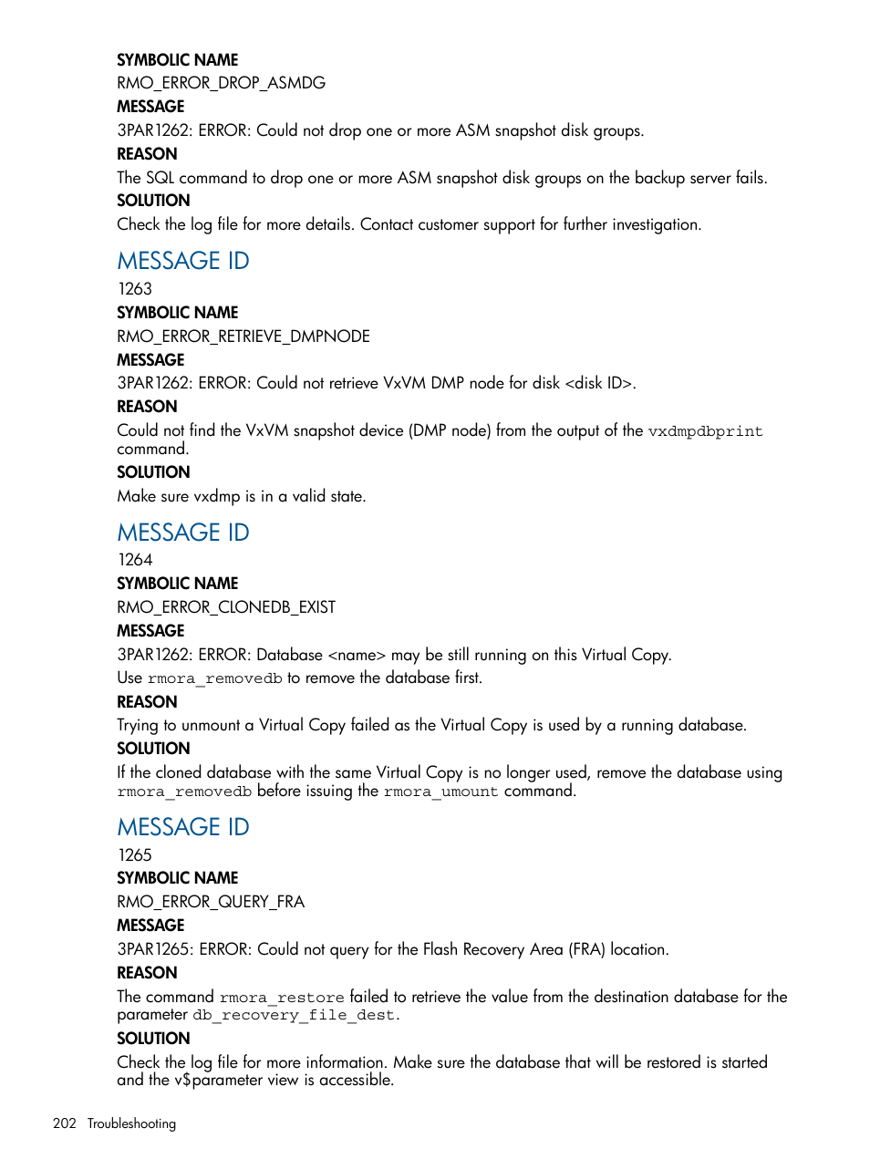 Message id | HP 3PAR Application Software Suite for Oracle User Manual | Page 202 / 215