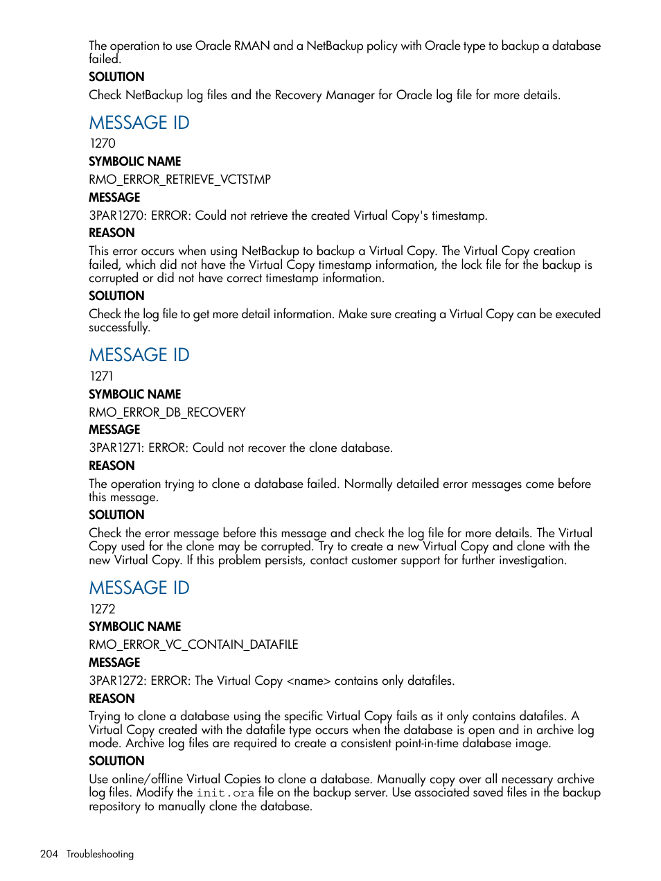 Message id | HP 3PAR Application Software Suite for Oracle User Manual | Page 204 / 215