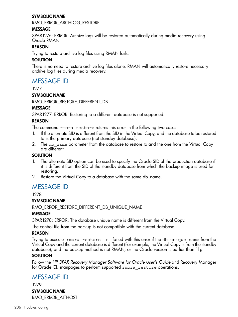 Message id | HP 3PAR Application Software Suite for Oracle User Manual | Page 206 / 215