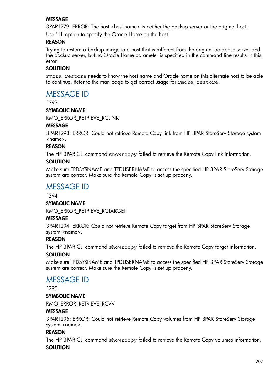 Message id | HP 3PAR Application Software Suite for Oracle User Manual | Page 207 / 215