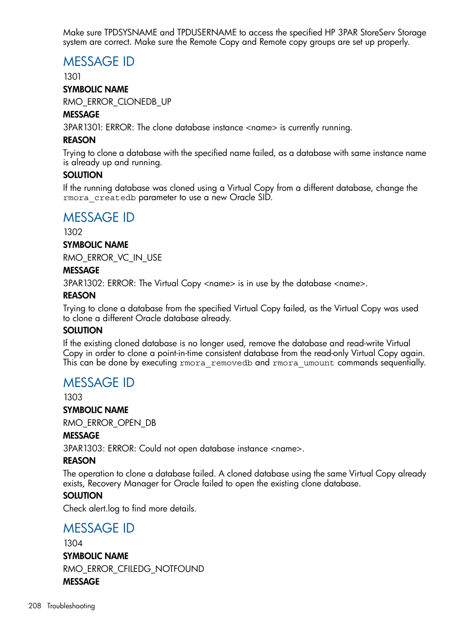 Message id | HP 3PAR Application Software Suite for Oracle User Manual | Page 208 / 215