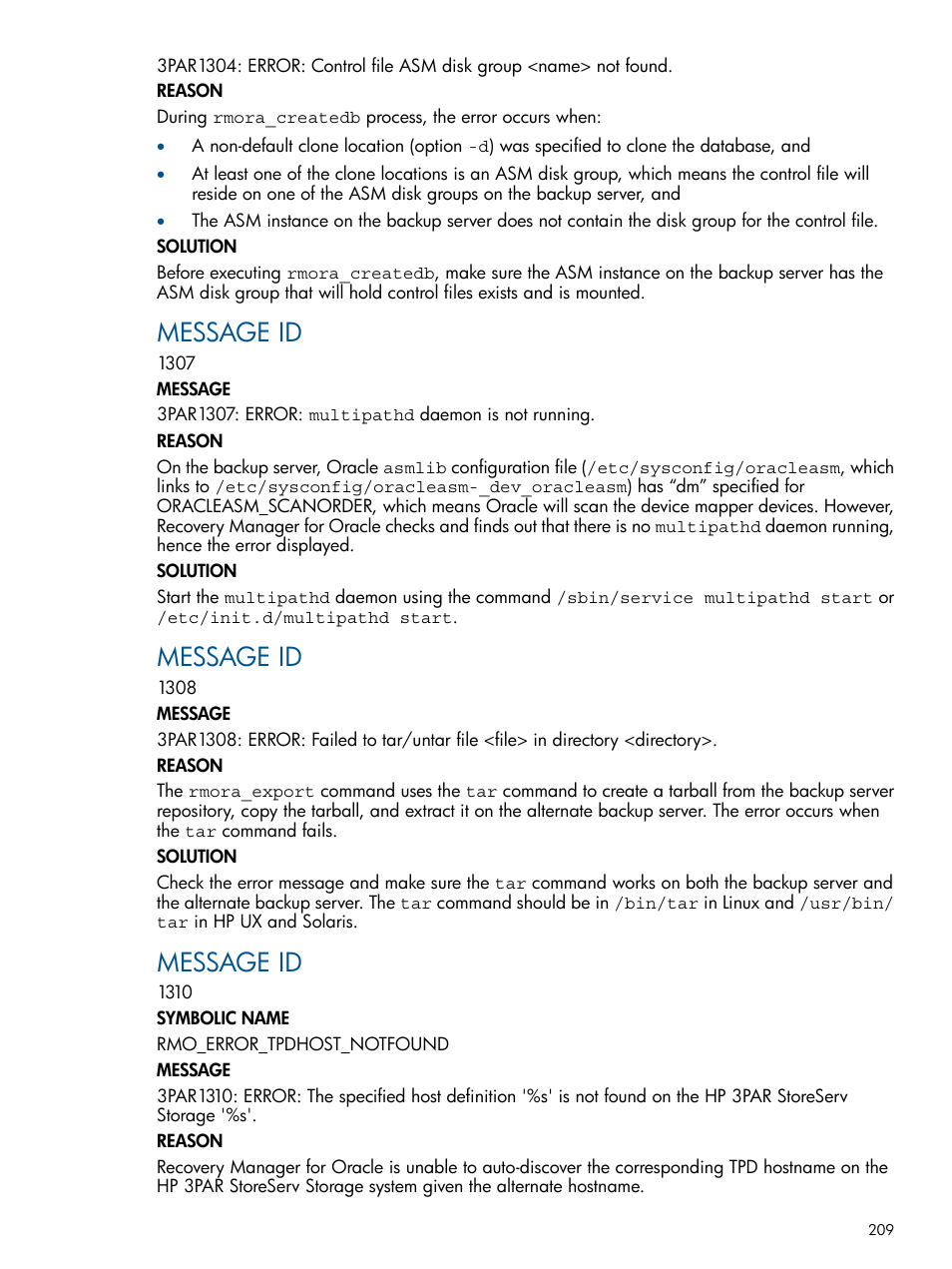 Message id | HP 3PAR Application Software Suite for Oracle User Manual | Page 209 / 215