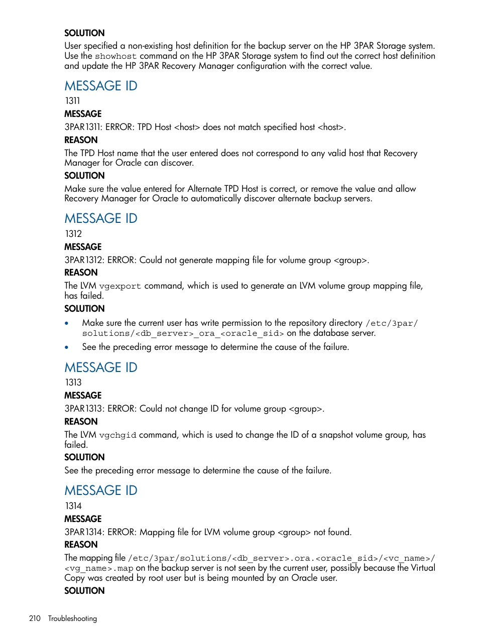 Message id | HP 3PAR Application Software Suite for Oracle User Manual | Page 210 / 215