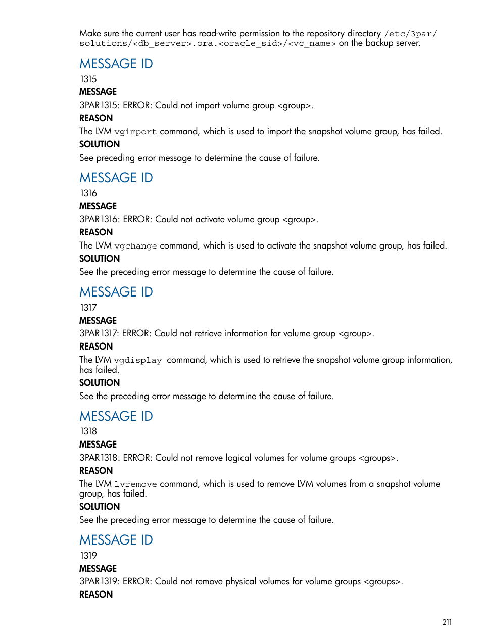 Message id | HP 3PAR Application Software Suite for Oracle User Manual | Page 211 / 215
