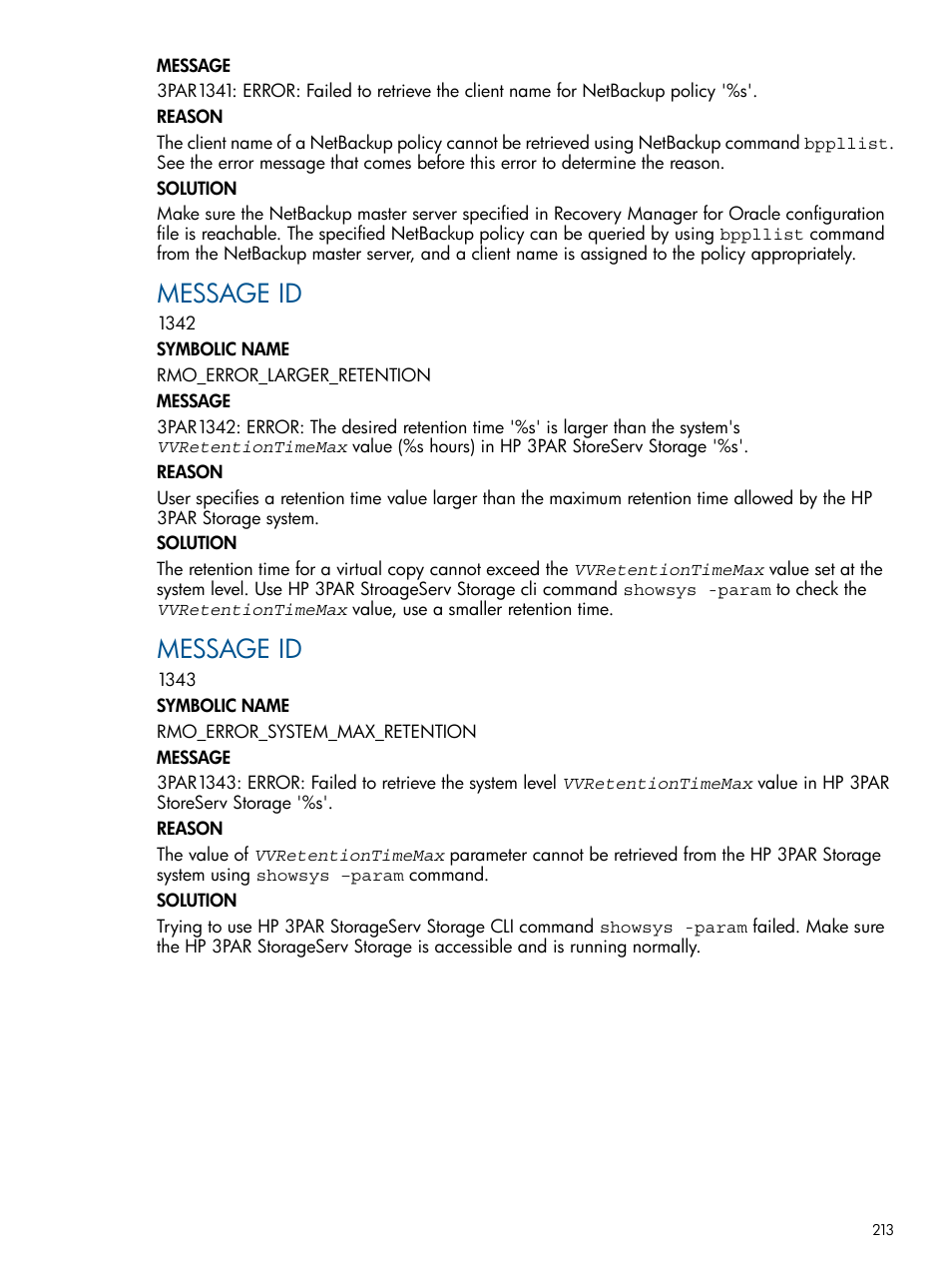 Message id | HP 3PAR Application Software Suite for Oracle User Manual | Page 213 / 215