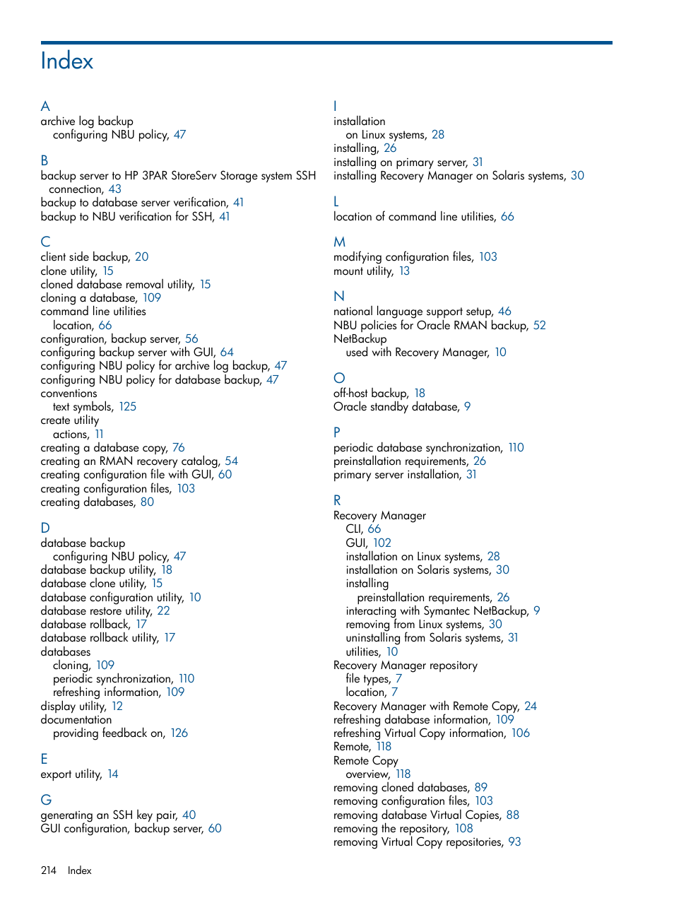 Index | HP 3PAR Application Software Suite for Oracle User Manual | Page 214 / 215