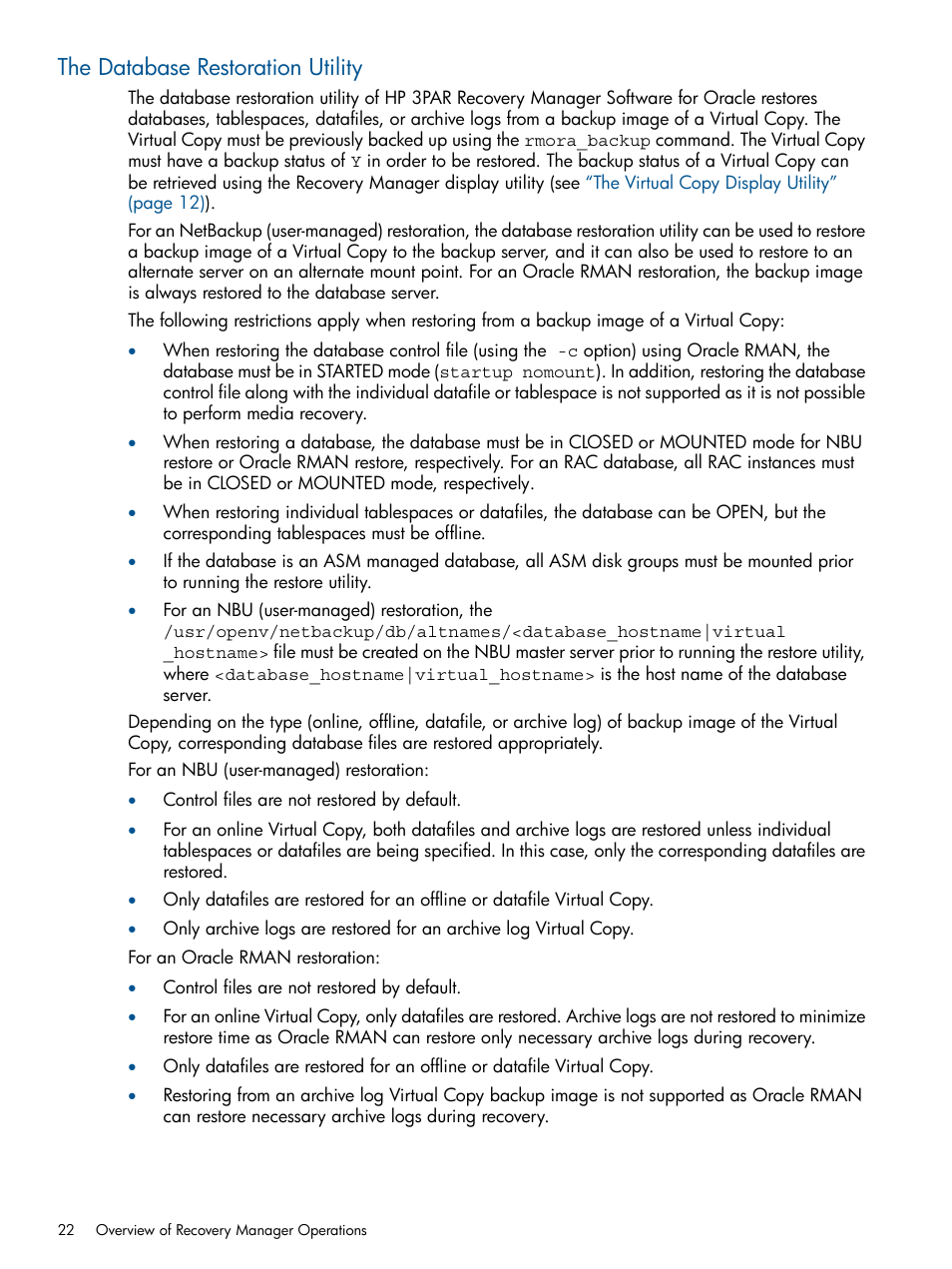 The database restoration utility | HP 3PAR Application Software Suite for Oracle User Manual | Page 22 / 215