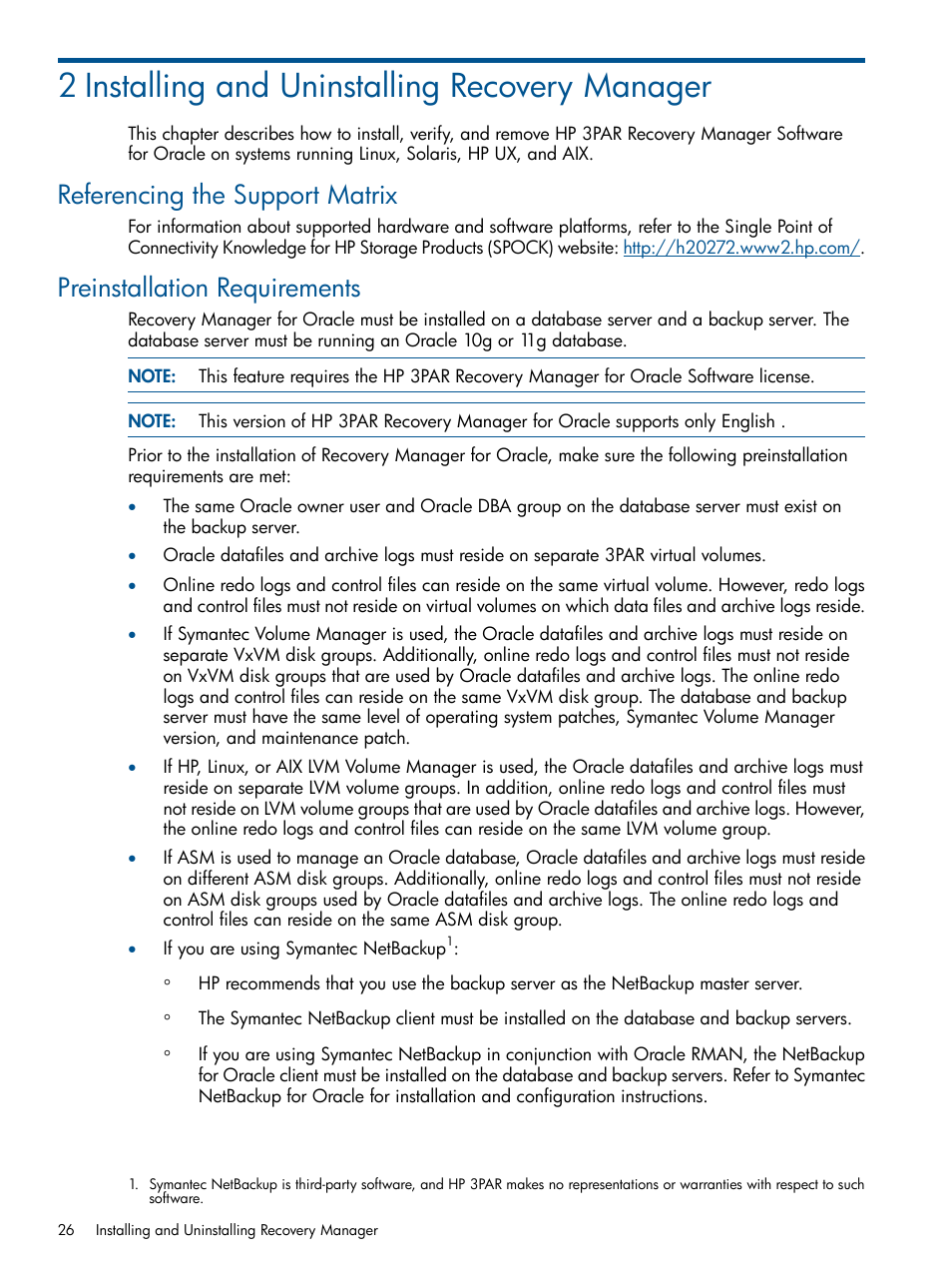 2 installing and uninstalling recovery manager, Referencing the support matrix, Preinstallation requirements | HP 3PAR Application Software Suite for Oracle User Manual | Page 26 / 215