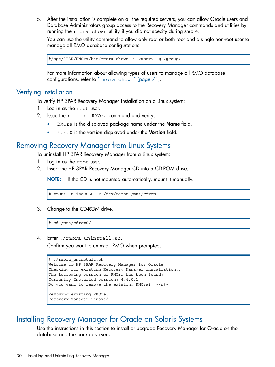 Verifying installation, Removing recovery manager from linux systems | HP 3PAR Application Software Suite for Oracle User Manual | Page 30 / 215