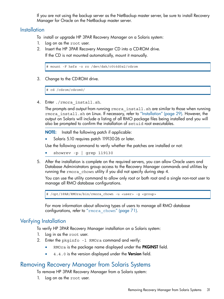 Installation, Verifying installation, Removing recovery manager from solaris systems | Installation verifying installation | HP 3PAR Application Software Suite for Oracle User Manual | Page 31 / 215