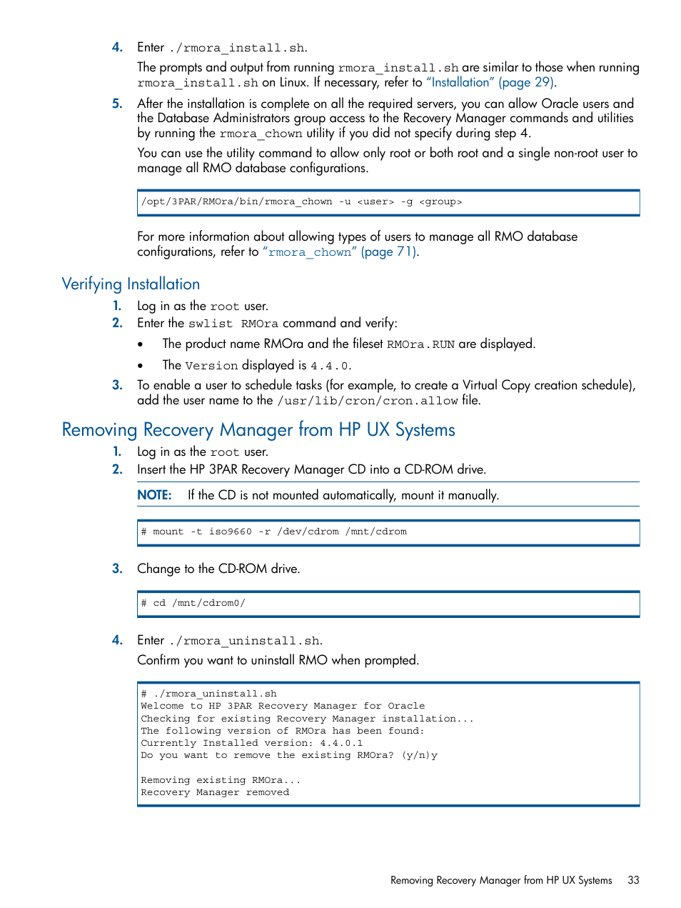 Verifying installation, Removing recovery manager from hp ux systems | HP 3PAR Application Software Suite for Oracle User Manual | Page 33 / 215