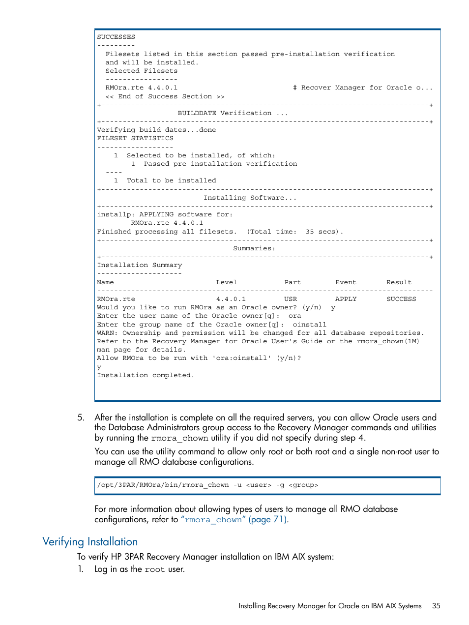 Verifying installation | HP 3PAR Application Software Suite for Oracle User Manual | Page 35 / 215
