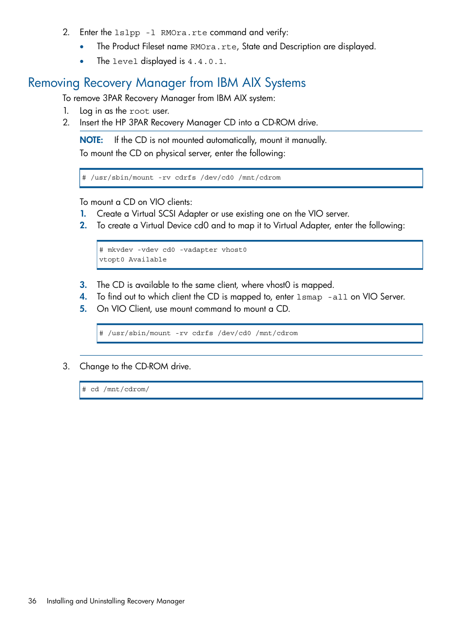 Removing recovery manager from ibm aix systems | HP 3PAR Application Software Suite for Oracle User Manual | Page 36 / 215