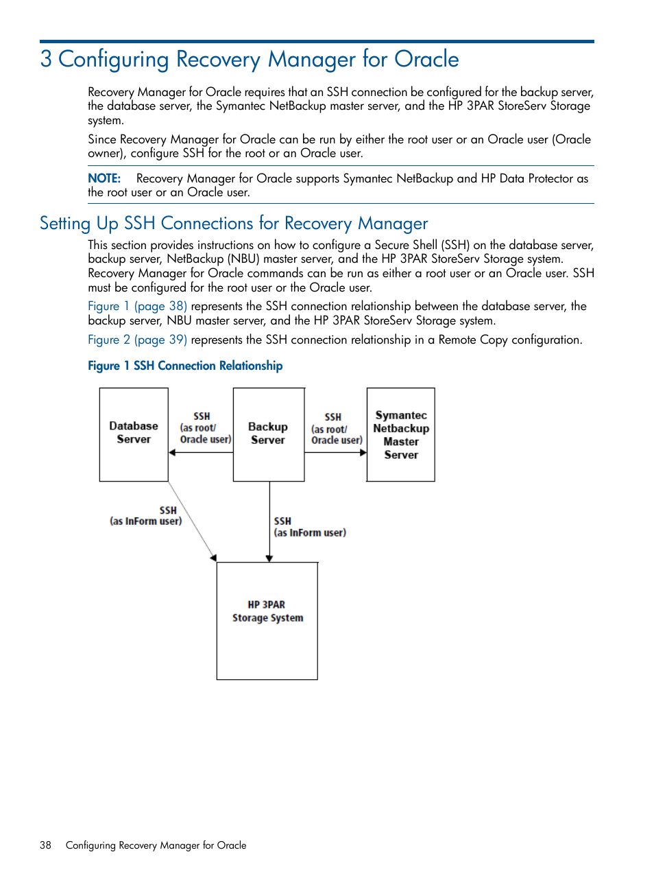 3 configuring recovery manager for oracle, Setting up ssh connections for recovery manager | HP 3PAR Application Software Suite for Oracle User Manual | Page 38 / 215