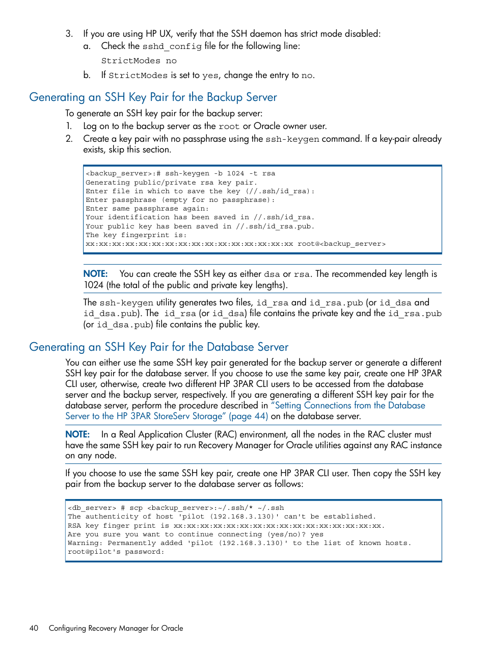 Generating an ssh key pair for the backup server, Generating an ssh key pair for the database server | HP 3PAR Application Software Suite for Oracle User Manual | Page 40 / 215