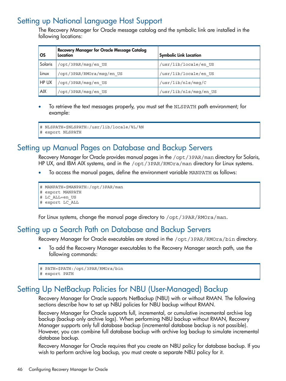 Setting up national language host support, Setting up netbackup | HP 3PAR Application Software Suite for Oracle User Manual | Page 46 / 215