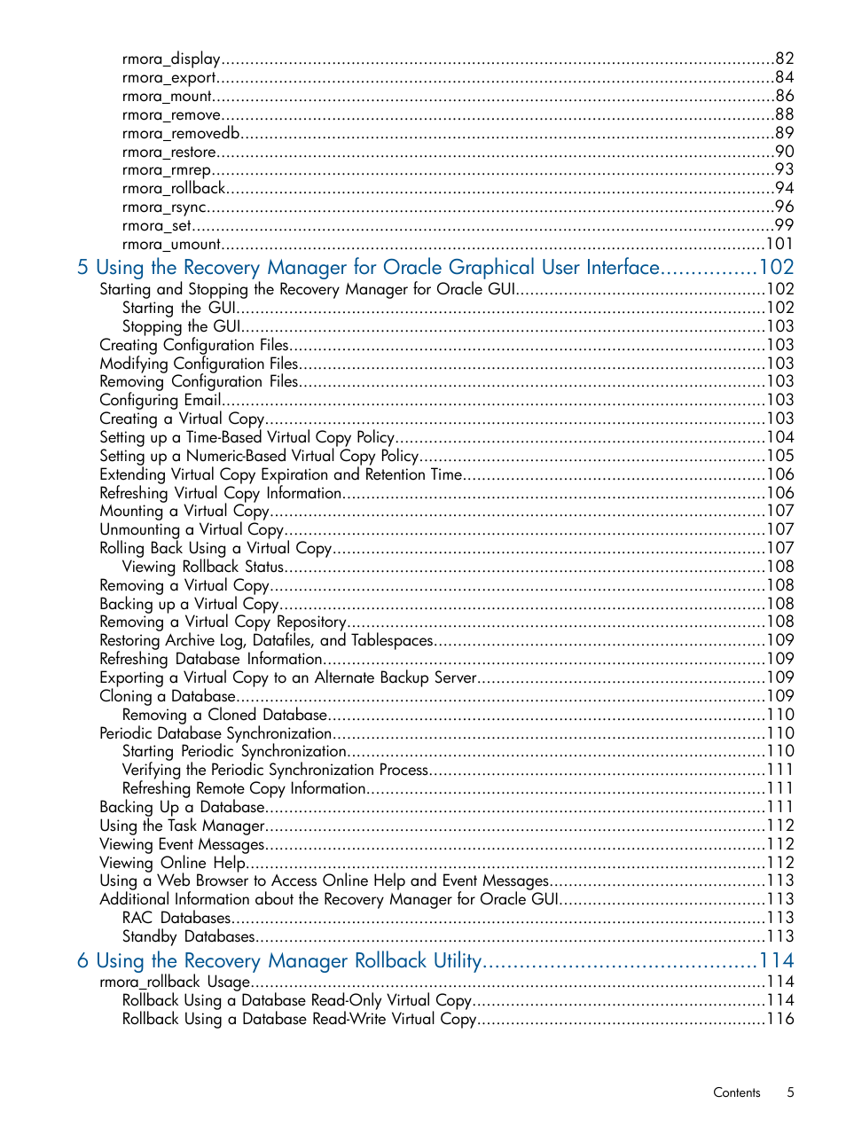 6 using the recovery manager rollback utility | HP 3PAR Application Software Suite for Oracle User Manual | Page 5 / 215
