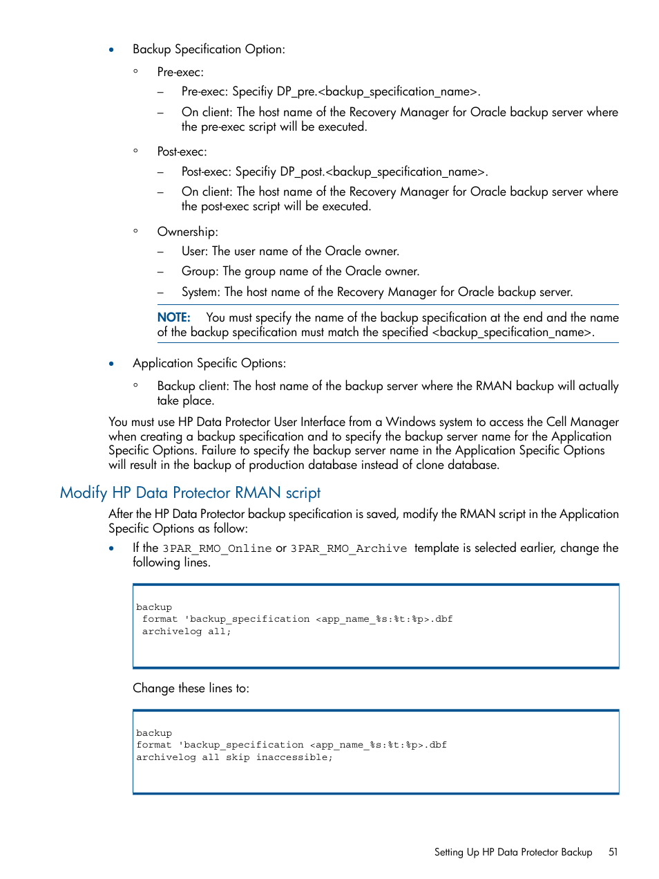 Modify hp data protector rman script | HP 3PAR Application Software Suite for Oracle User Manual | Page 51 / 215