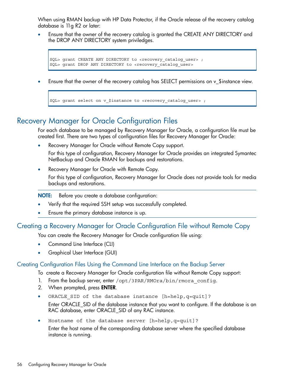Recovery manager for oracle configuration files | HP 3PAR Application Software Suite for Oracle User Manual | Page 56 / 215