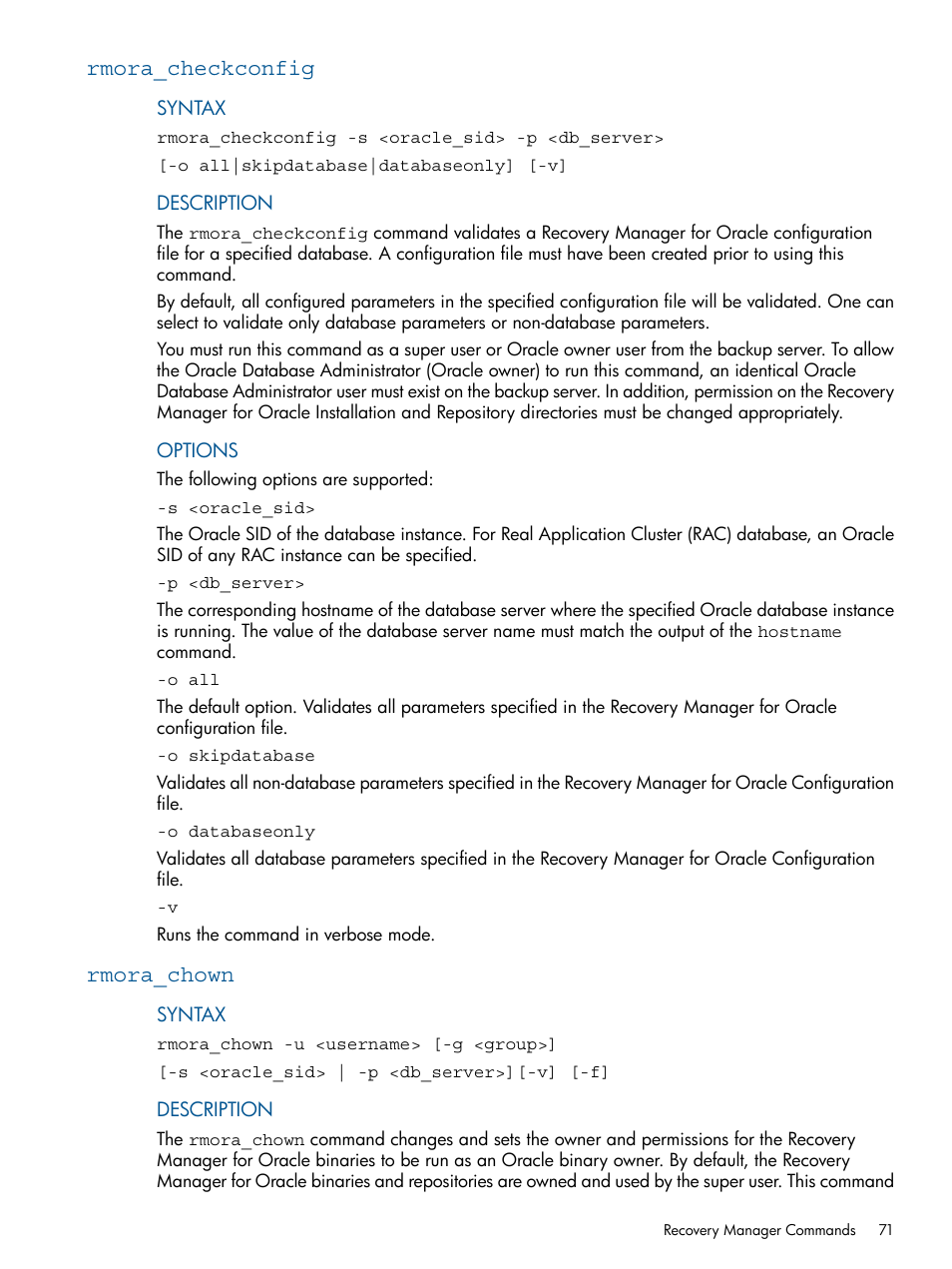 Rmora_checkconfig, Rmora_chown, Rmora_checkconfig rmora_chown | HP 3PAR Application Software Suite for Oracle User Manual | Page 71 / 215