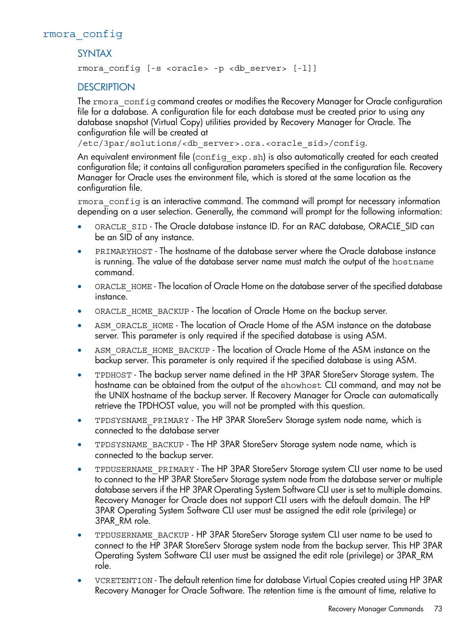 Rmora_config | HP 3PAR Application Software Suite for Oracle User Manual | Page 73 / 215