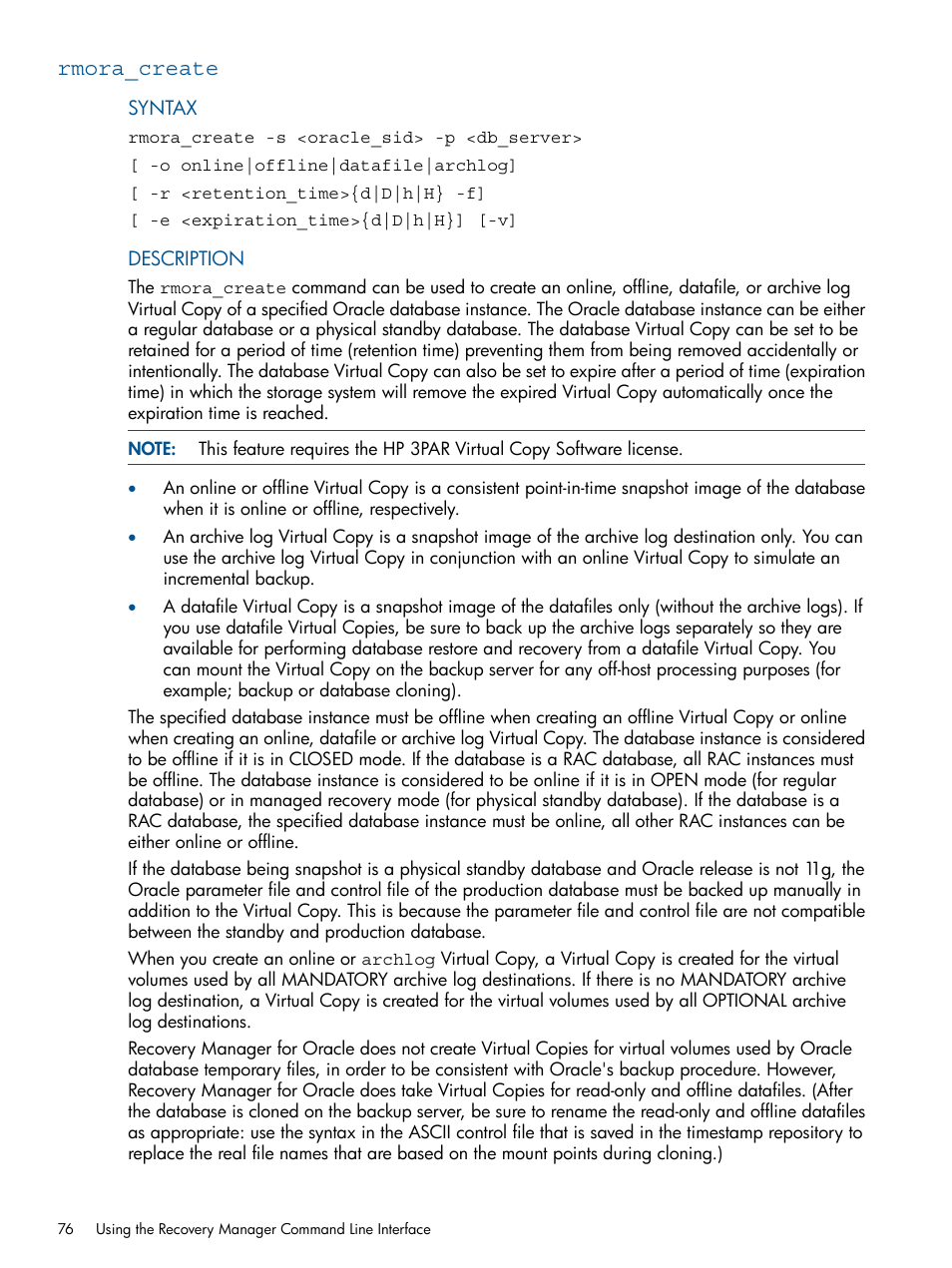 Rmora_create | HP 3PAR Application Software Suite for Oracle User Manual | Page 76 / 215