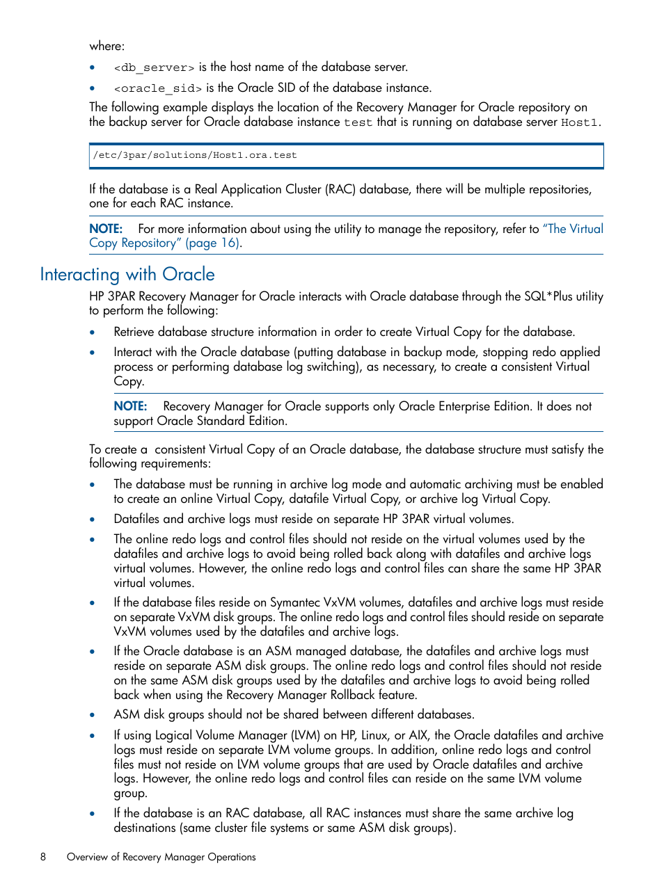 Interacting with oracle | HP 3PAR Application Software Suite for Oracle User Manual | Page 8 / 215