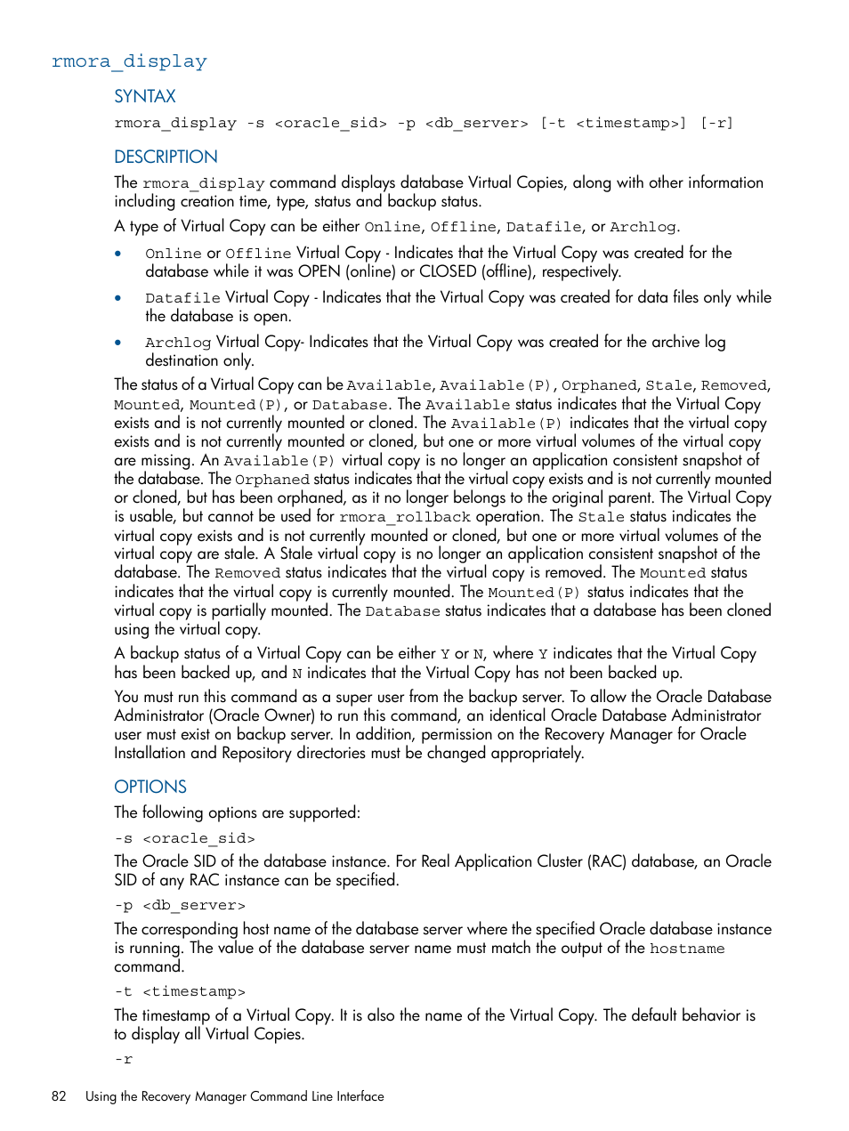 Rmora_display | HP 3PAR Application Software Suite for Oracle User Manual | Page 82 / 215