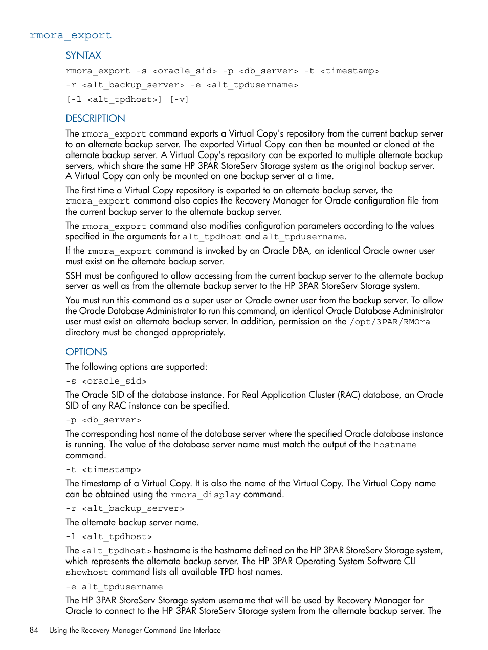 Rmora_export | HP 3PAR Application Software Suite for Oracle User Manual | Page 84 / 215