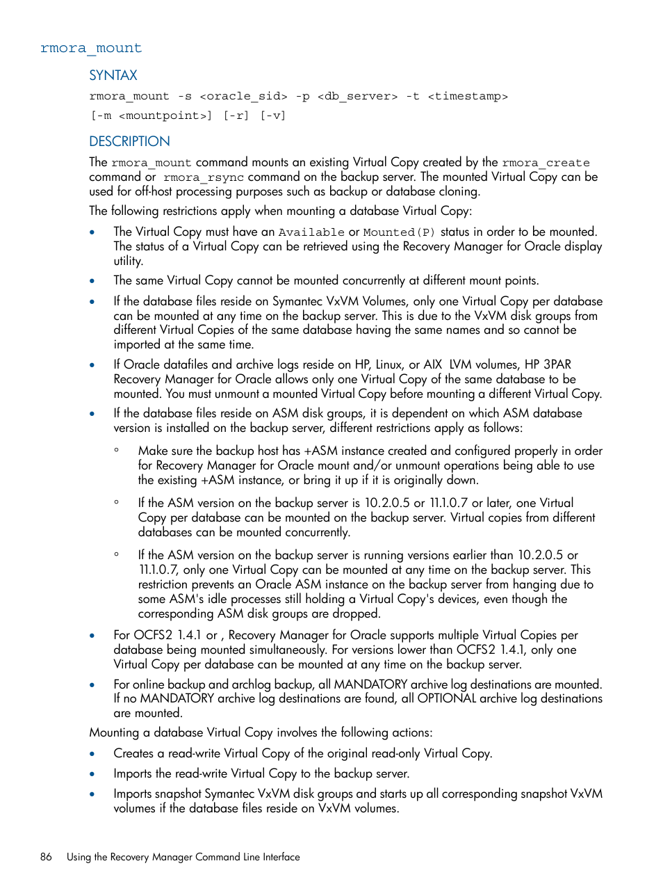 Rmora_mount | HP 3PAR Application Software Suite for Oracle User Manual | Page 86 / 215