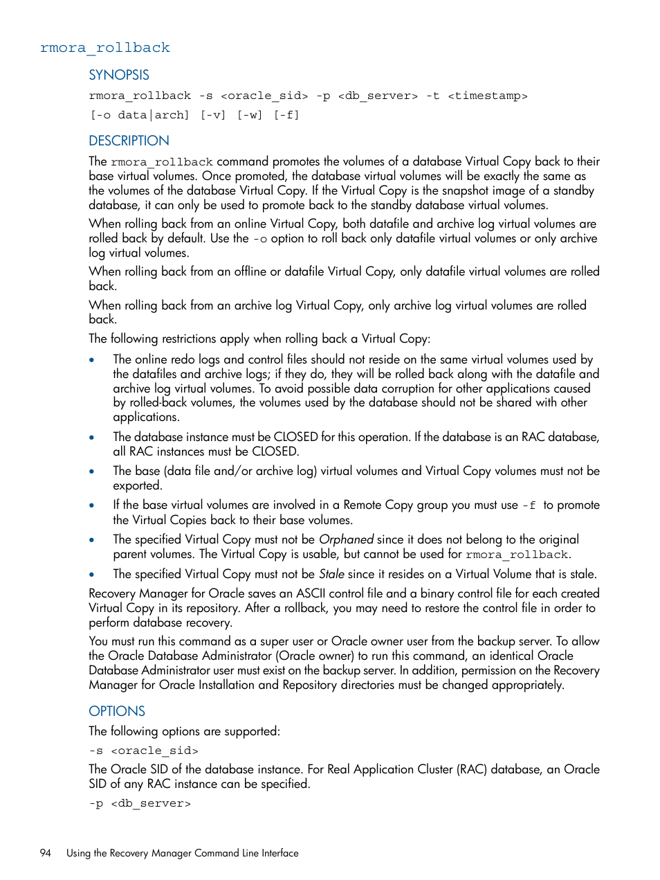 Rmora_rollback | HP 3PAR Application Software Suite for Oracle User Manual | Page 94 / 215