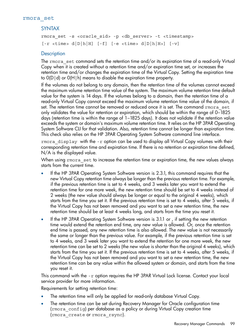 Rmora_set | HP 3PAR Application Software Suite for Oracle User Manual | Page 99 / 215