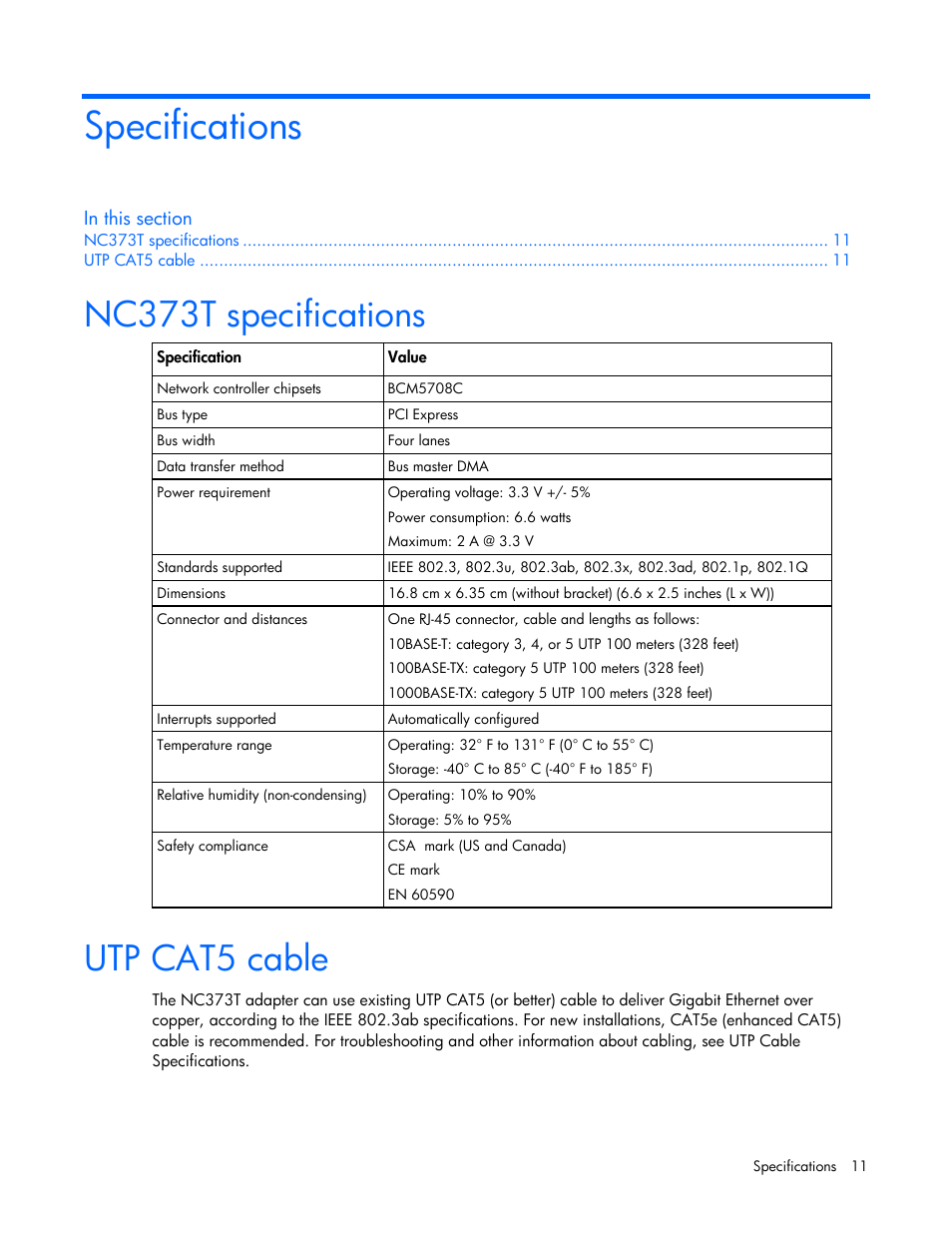 Specifications, Nc373t specifications, Utp cat5 cable | HP NC373T PCI Express Multifunction Gigabit Server Adapter User Manual | Page 11 / 19