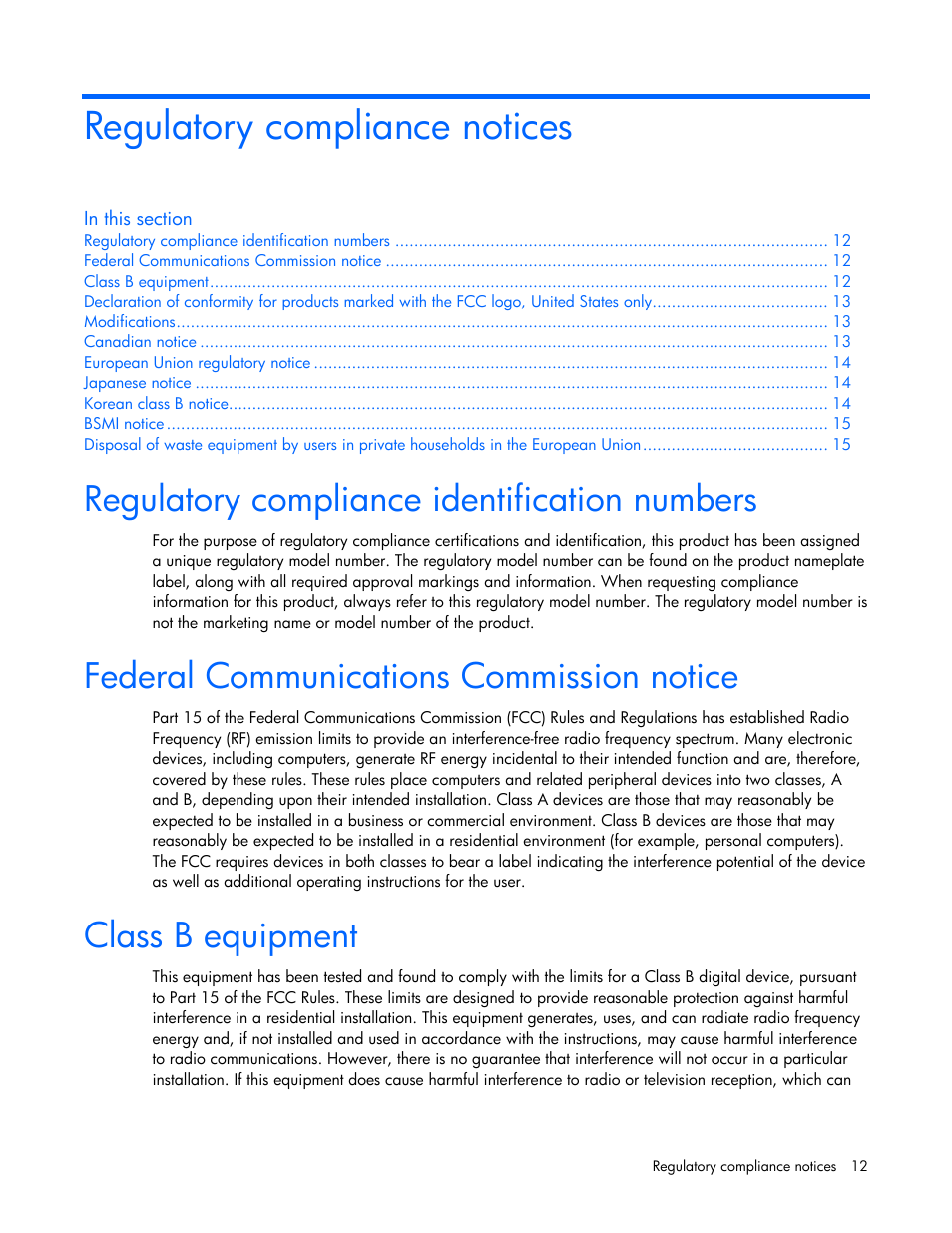 Regulatory compliance notices, Regulatory compliance identification numbers, Federal communications commission notice | Class b equipment | HP NC373T PCI Express Multifunction Gigabit Server Adapter User Manual | Page 12 / 19