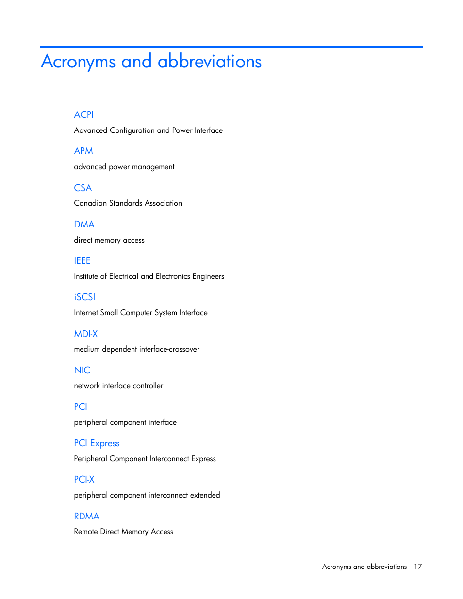 Acronyms and abbreviations | HP NC373T PCI Express Multifunction Gigabit Server Adapter User Manual | Page 17 / 19