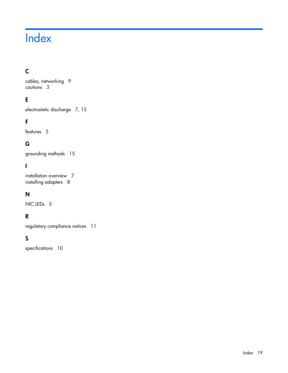 Index | HP NC373T PCI Express Multifunction Gigabit Server Adapter User Manual | Page 19 / 19