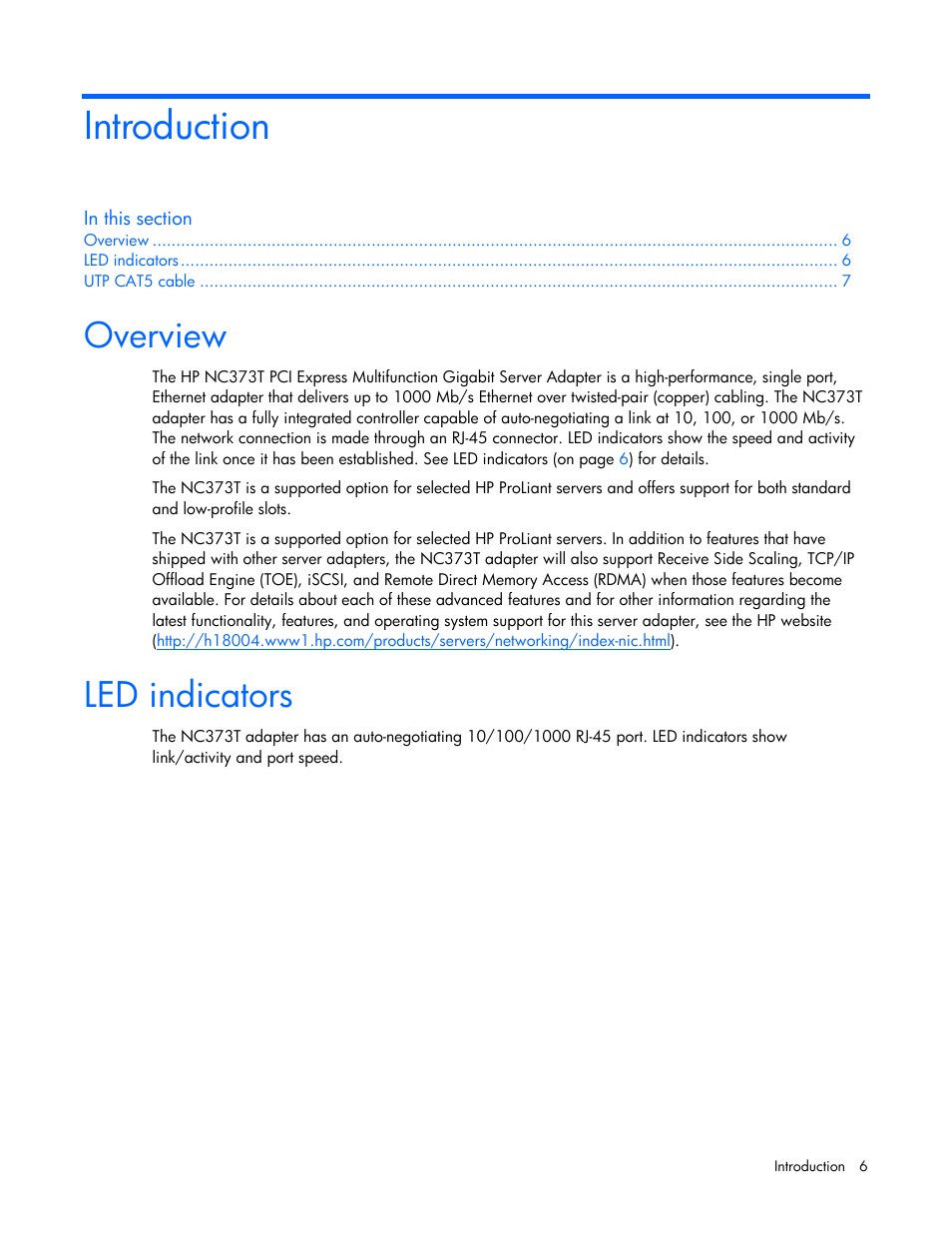 Introduction, Overview, Led indicators | HP NC373T PCI Express Multifunction Gigabit Server Adapter User Manual | Page 6 / 19