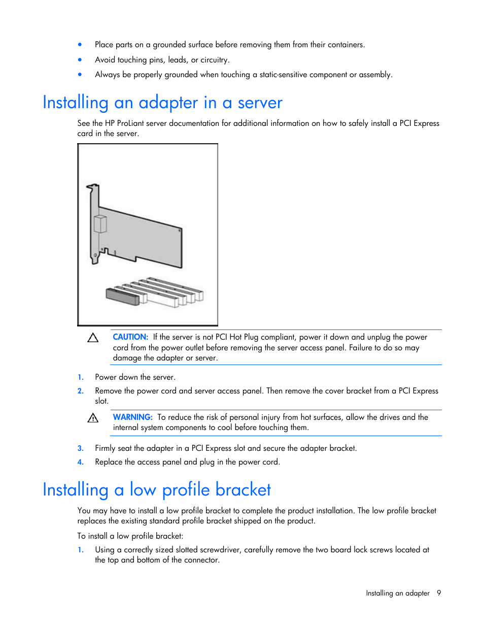 Installing an adapter in a server, Installing a low profile bracket | HP NC373T PCI Express Multifunction Gigabit Server Adapter User Manual | Page 9 / 19