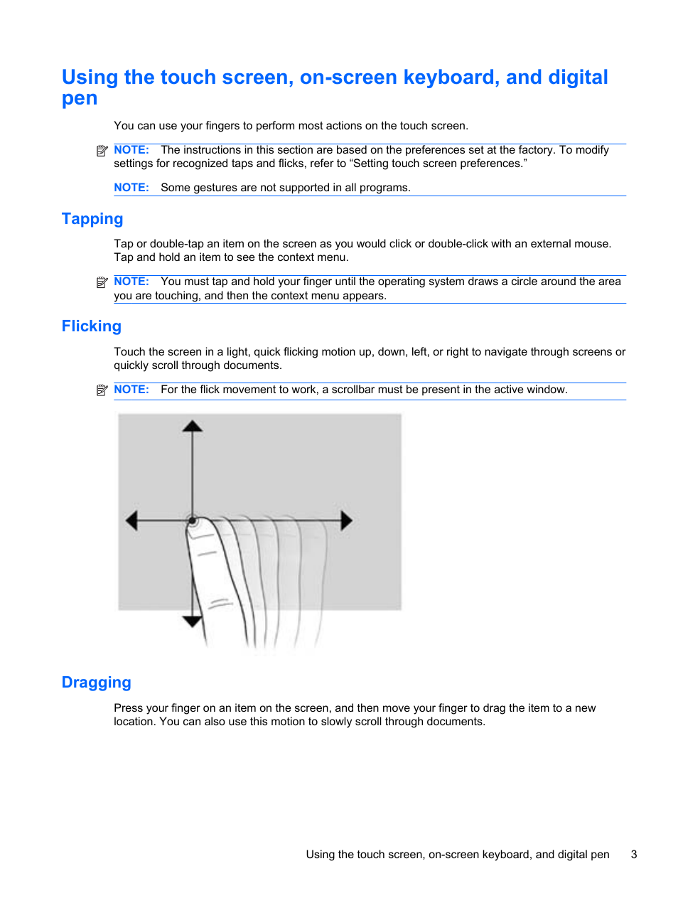 Tapping, Flicking, Dragging | Tapping flicking dragging | HP Slate 500 Tablet PC User Manual | Page 11 / 64