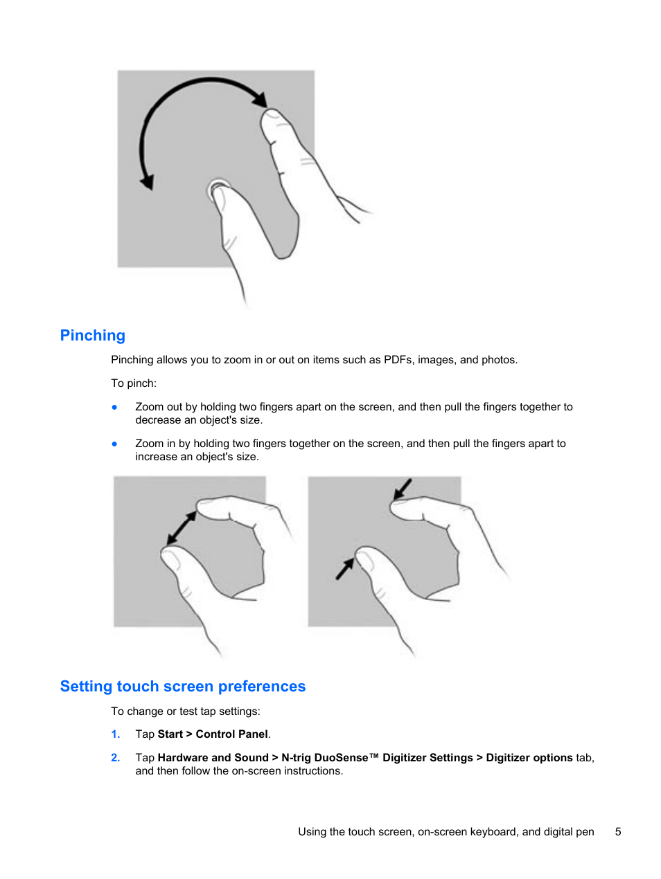 Pinching, Setting touch screen preferences, Pinching setting touch screen preferences | HP Slate 500 Tablet PC User Manual | Page 13 / 64