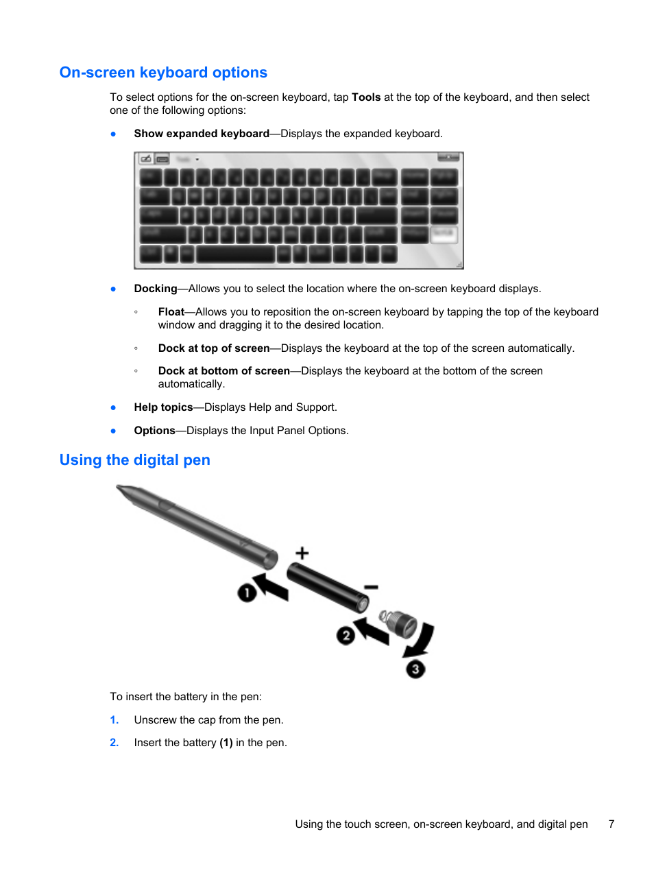 On-screen keyboard options, Using the digital pen, On-screen keyboard options using the digital pen | HP Slate 500 Tablet PC User Manual | Page 15 / 64