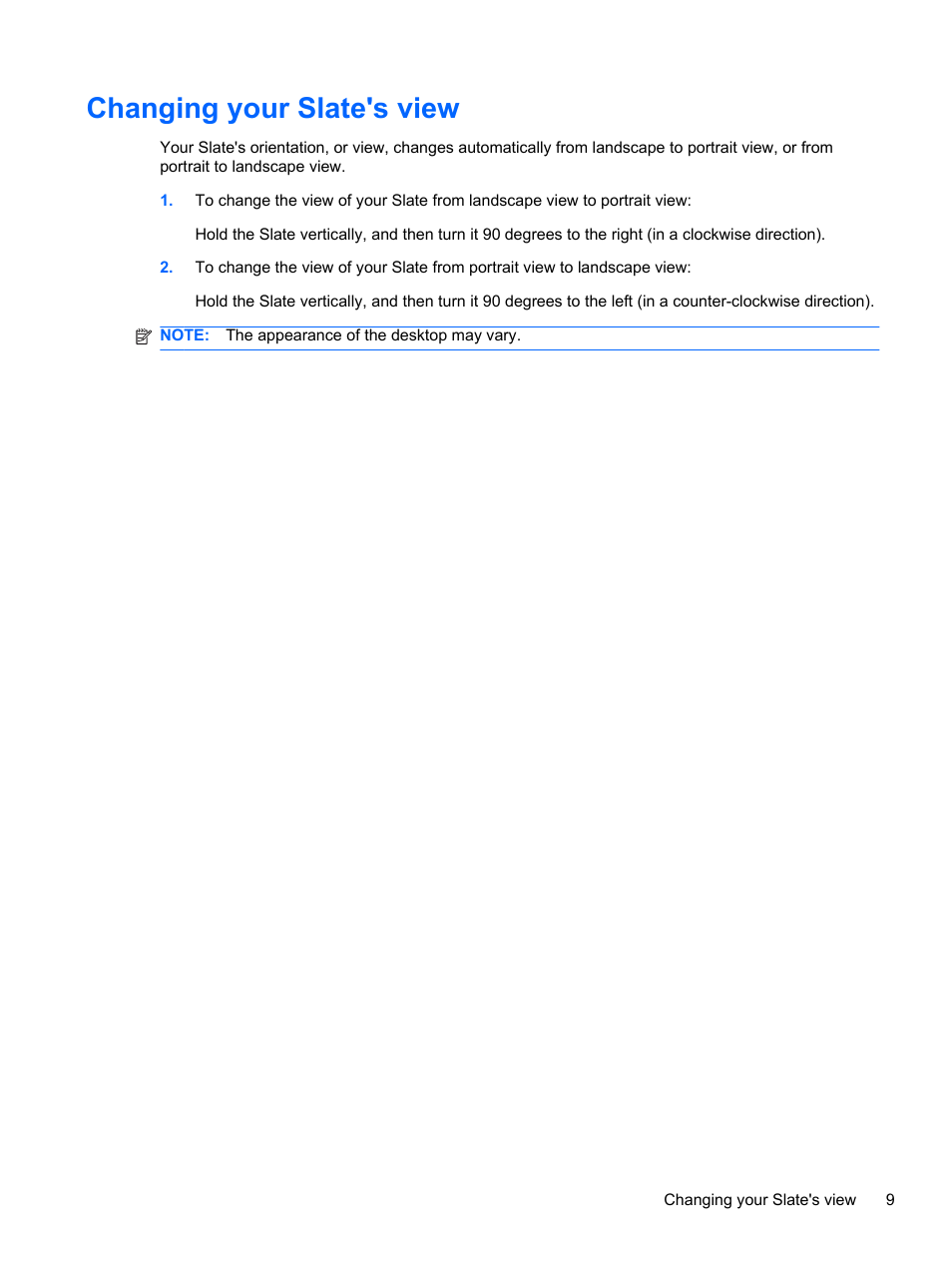 Changing your slate's view | HP Slate 500 Tablet PC User Manual | Page 17 / 64