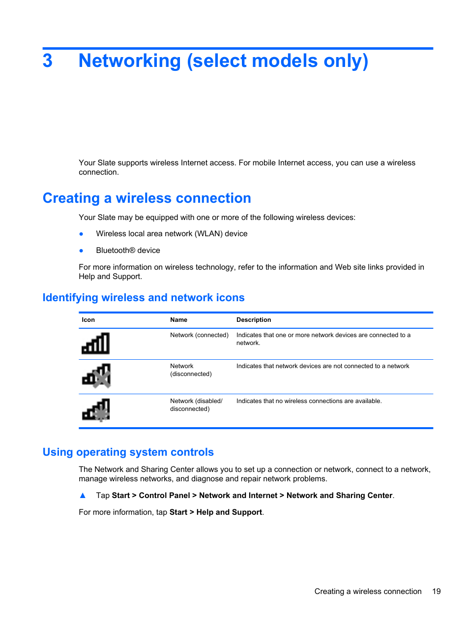 Networking (select models only), Creating a wireless connection, Identifying wireless and network icons | Using operating system controls, 3 networking (select models only), 3networking (select models only) | HP Slate 500 Tablet PC User Manual | Page 27 / 64