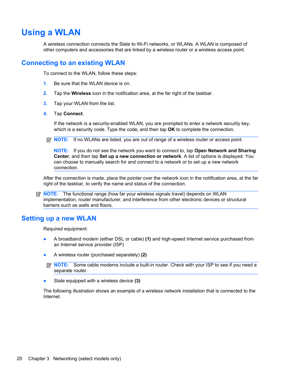 Using a wlan, Connecting to an existing wlan, Setting up a new wlan | HP Slate 500 Tablet PC User Manual | Page 28 / 64