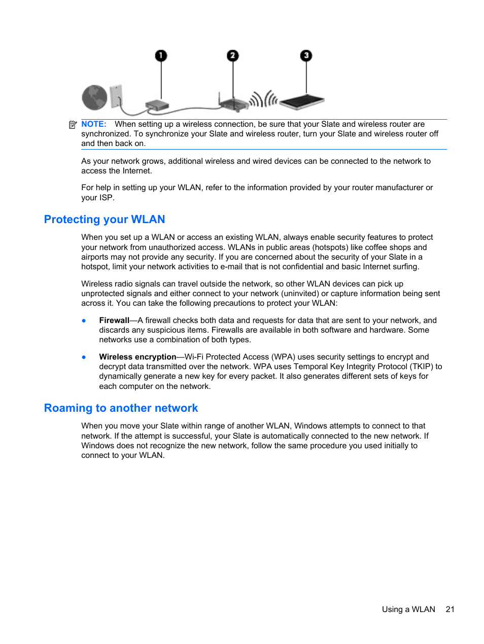 Protecting your wlan, Roaming to another network, Protecting your wlan roaming to another network | HP Slate 500 Tablet PC User Manual | Page 29 / 64