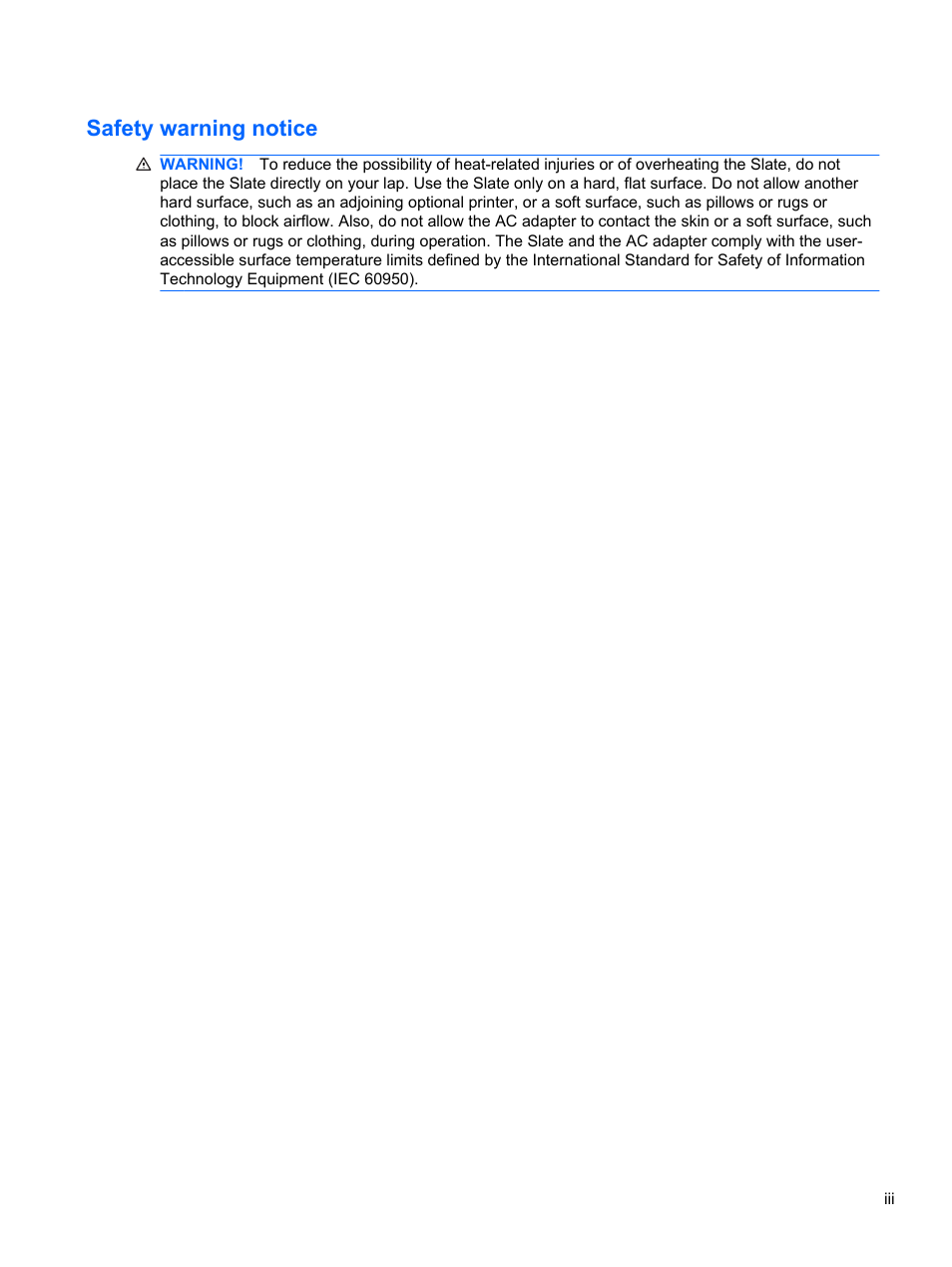 Safety warning notice | HP Slate 500 Tablet PC User Manual | Page 3 / 64