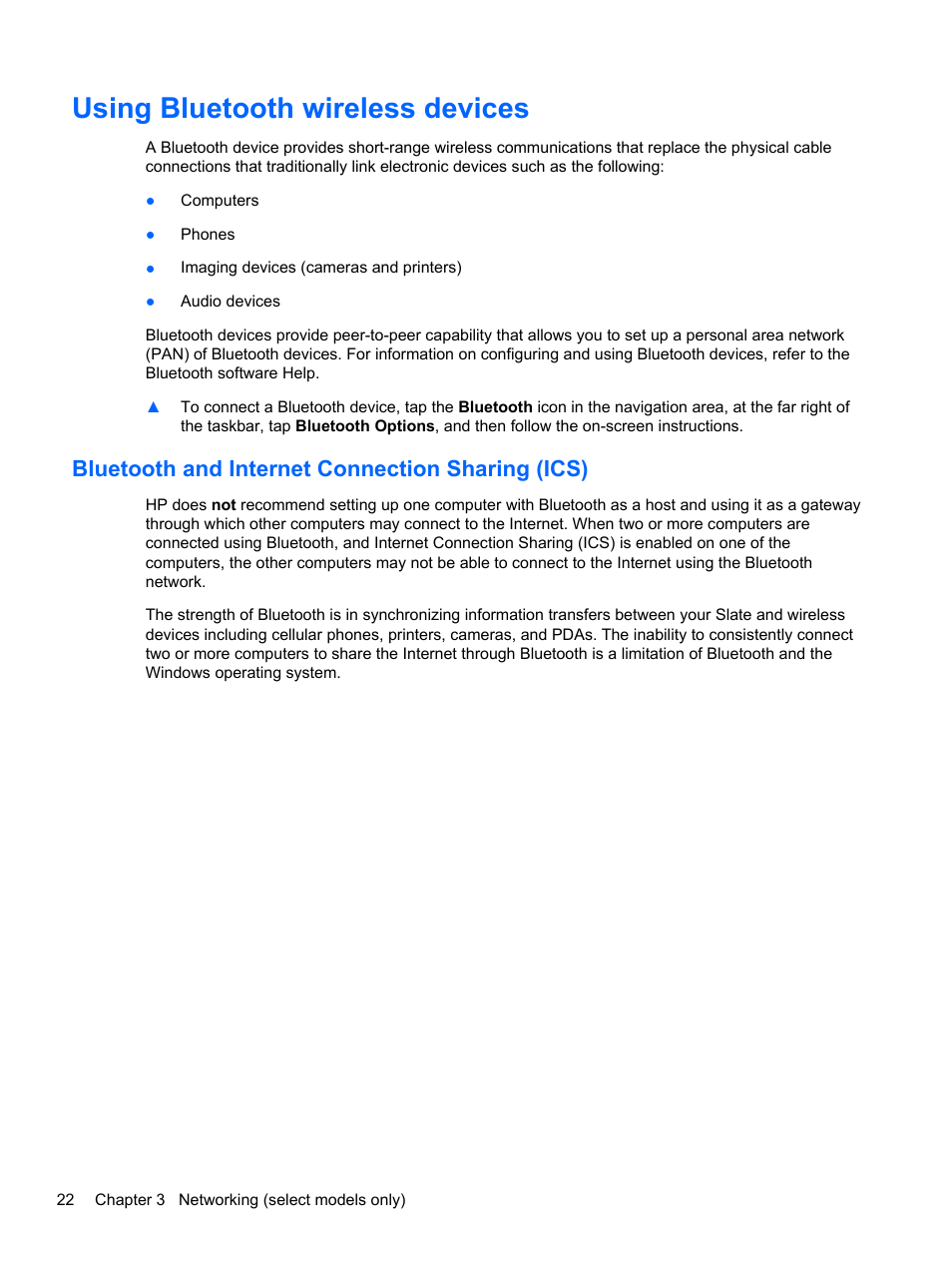 Using bluetooth wireless devices, Bluetooth and internet connection sharing (ics) | HP Slate 500 Tablet PC User Manual | Page 30 / 64