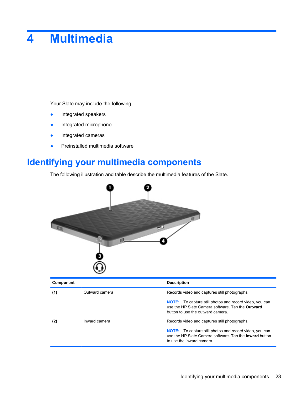 Multimedia, Identifying your multimedia components, 4 multimedia | 4multimedia | HP Slate 500 Tablet PC User Manual | Page 31 / 64