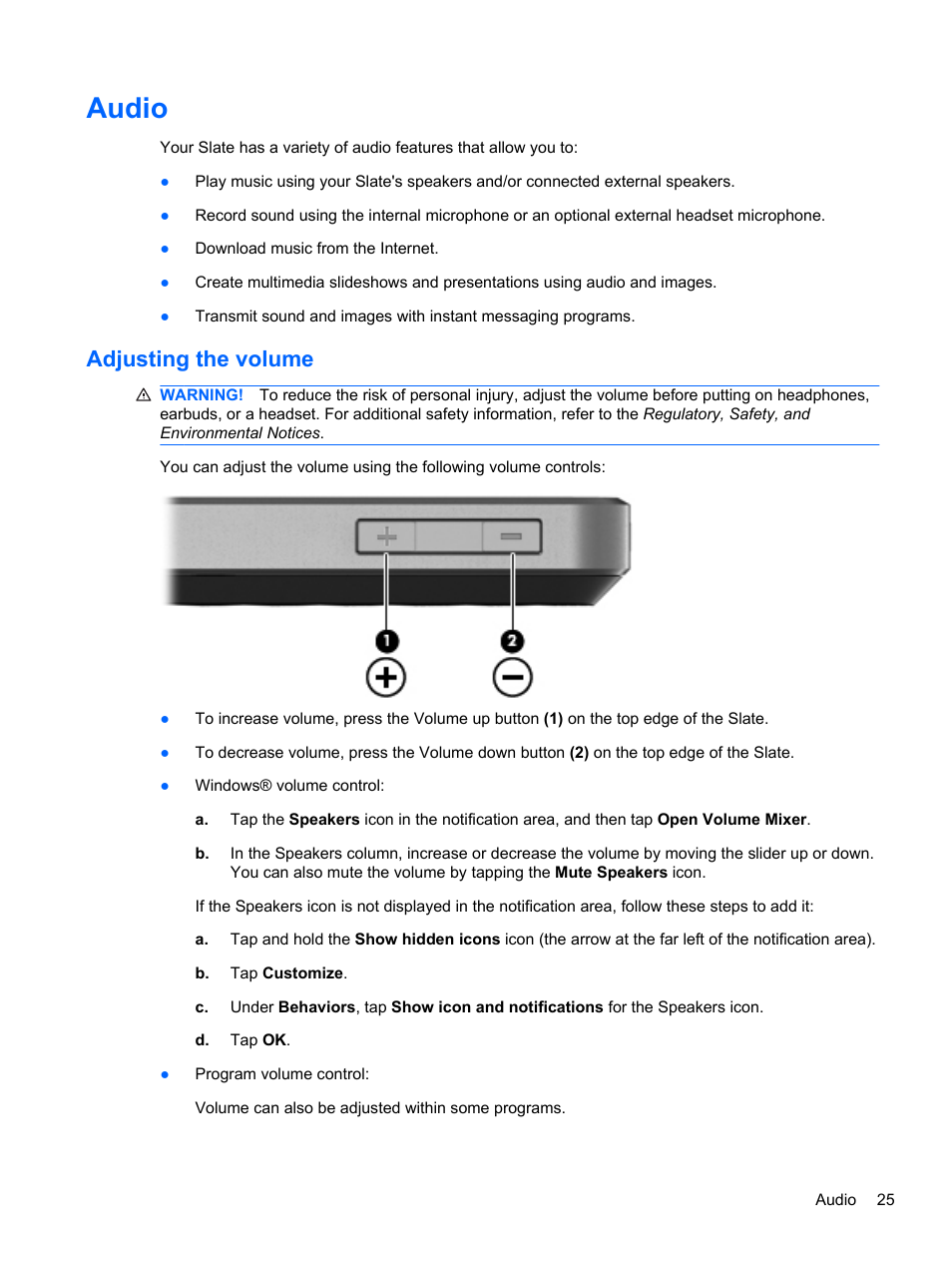 Audio, Adjusting the volume | HP Slate 500 Tablet PC User Manual | Page 33 / 64