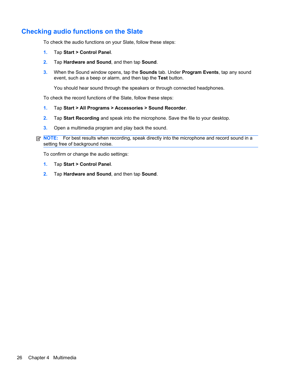 Checking audio functions on the slate | HP Slate 500 Tablet PC User Manual | Page 34 / 64